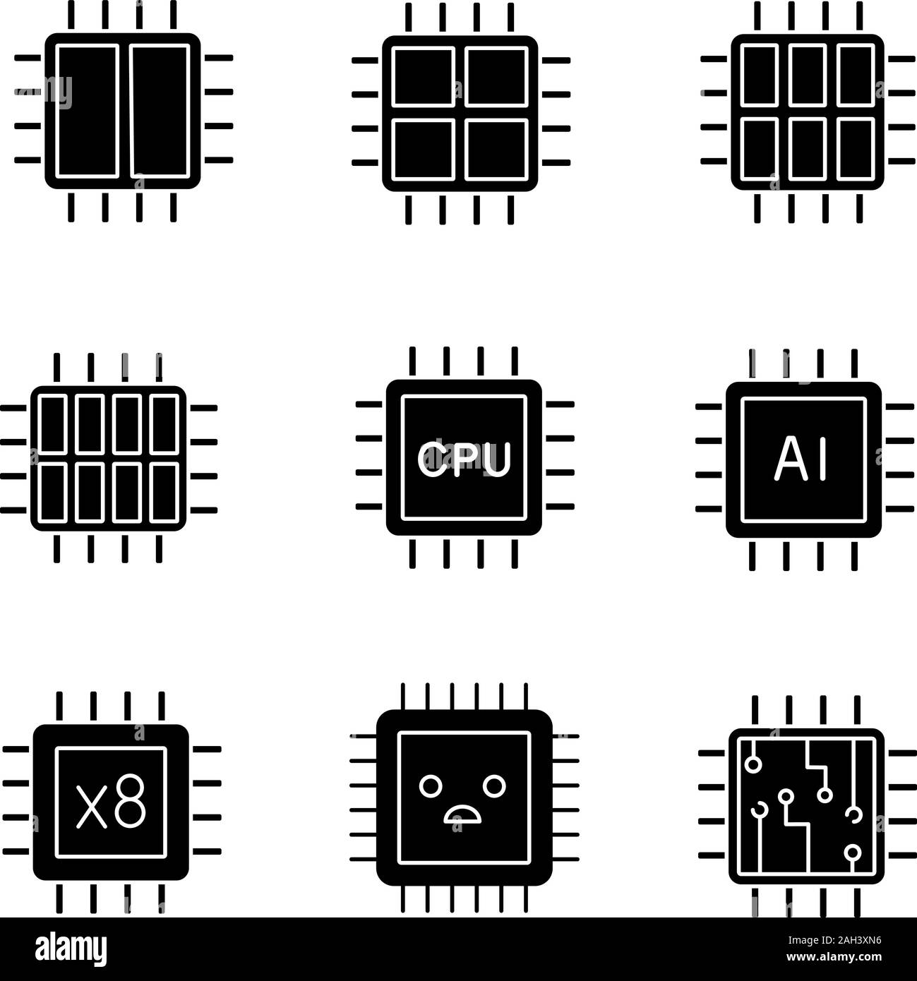 Processors glyph icons set. Dual, octa, quad, six core chips, CPU, sad processor, integrated circuit, AI microprocessor. Silhouette symbols. Vector is Stock Vector