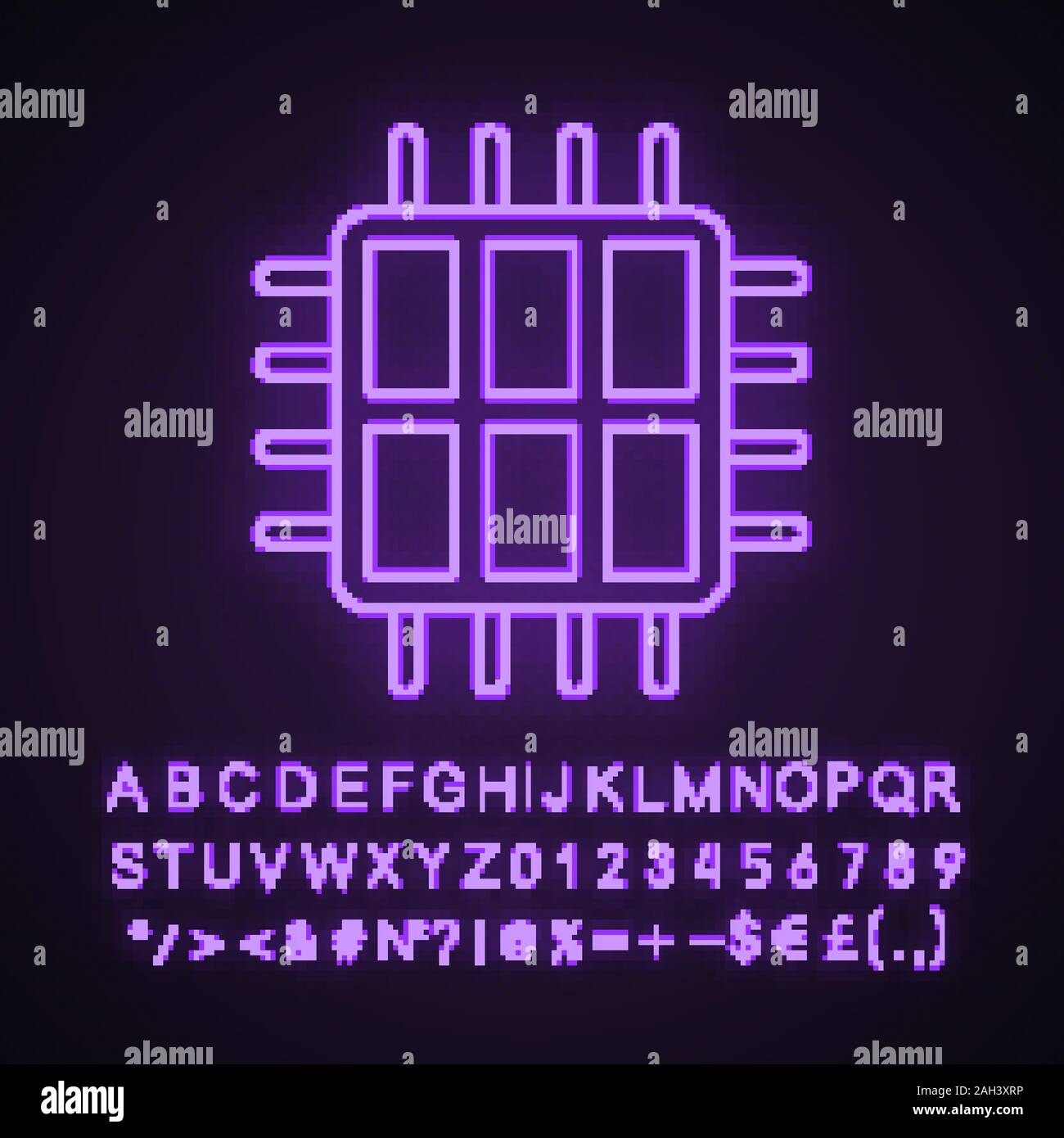 Six core processor neon light icon. Hexa microprocessor. Microchip ...