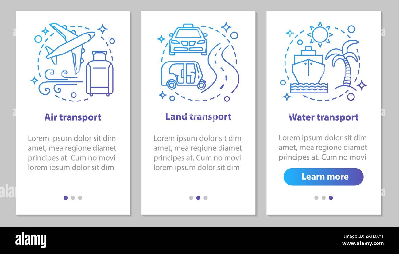 Modes of transports onboarding mobile app page screen with linear ...