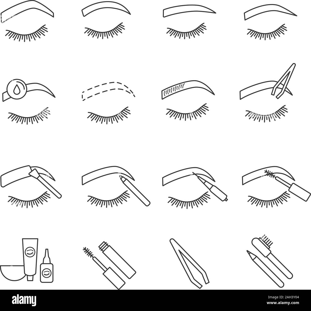 Eyebrows shaping linear icons set. Brows microblading and tattoo procedure. Eyebrows permanent makeup. Brows tinting. Thin line contour symbols. Isola Stock Vector