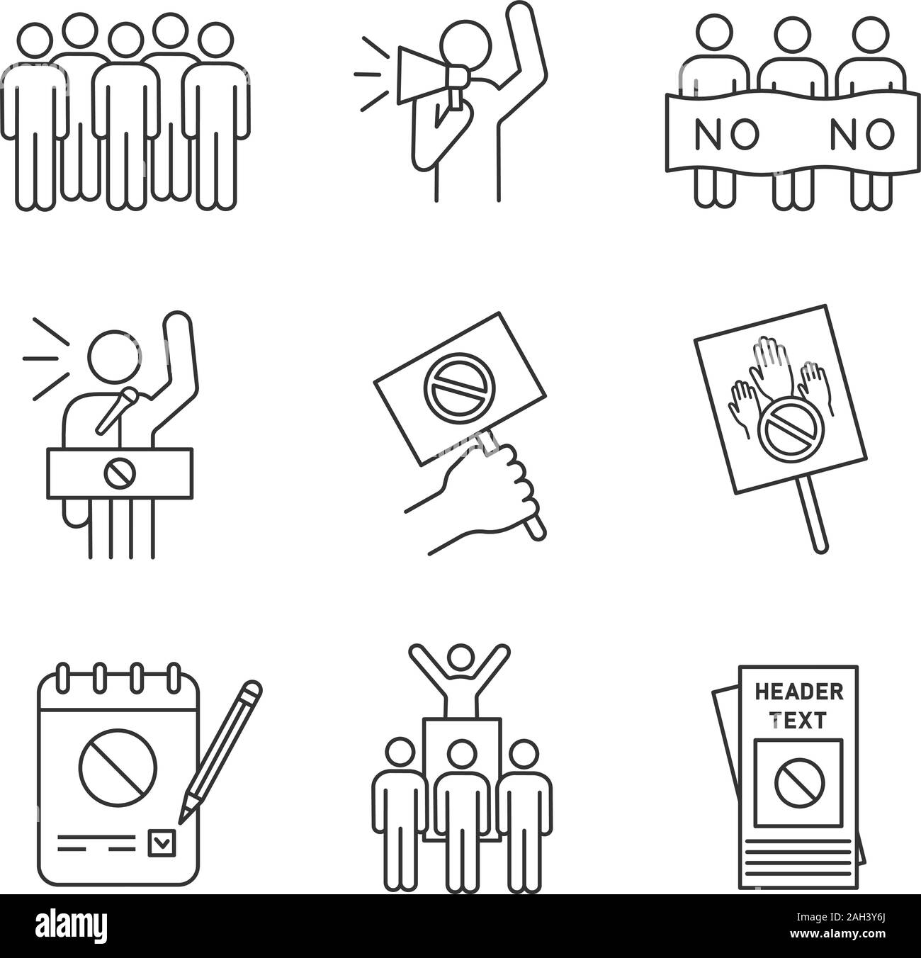 Protest action linear icons set. Meeting, protester, picket, speech