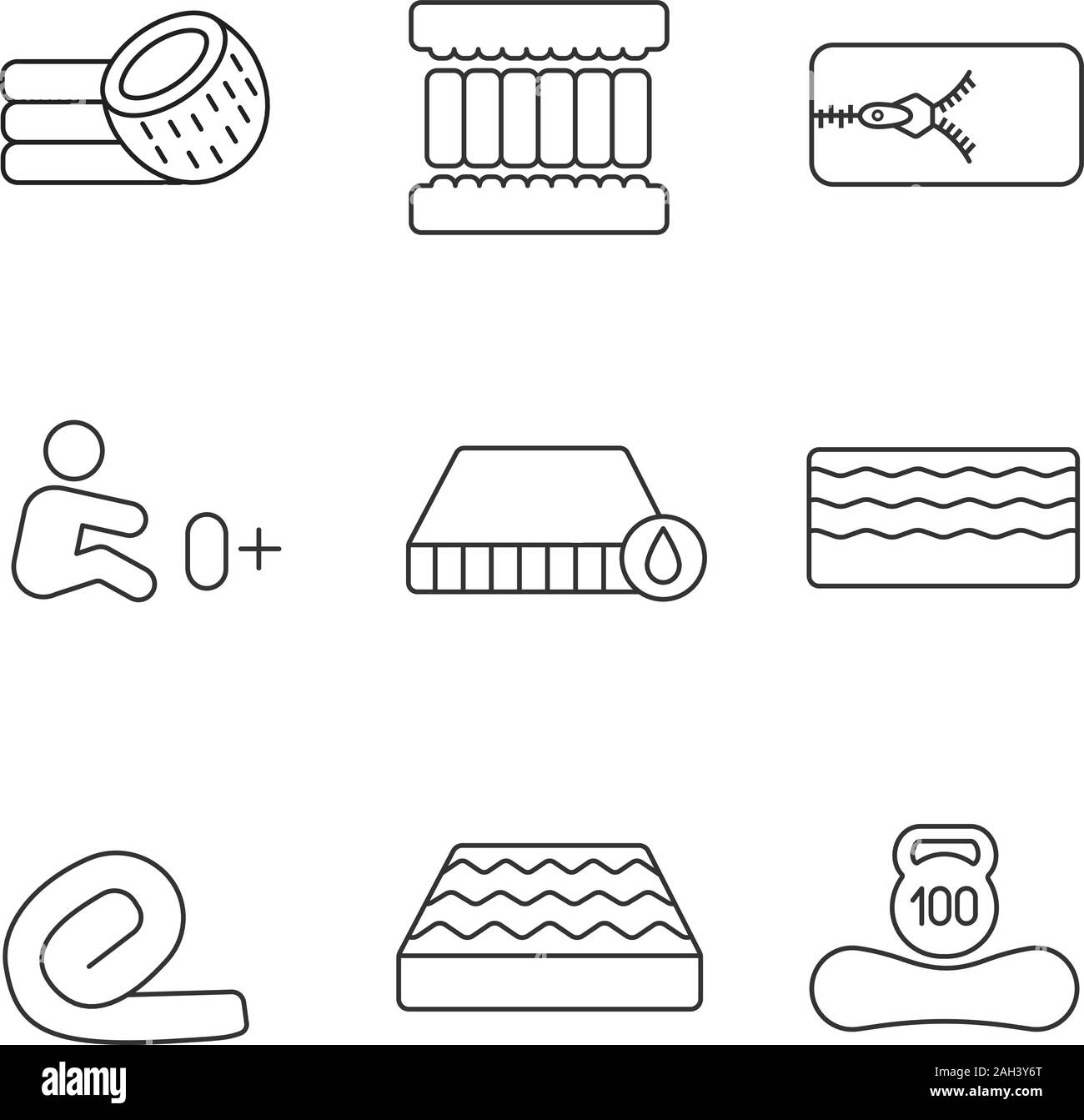 Mattress linear icons set. Coconut fiber, memory foam filler