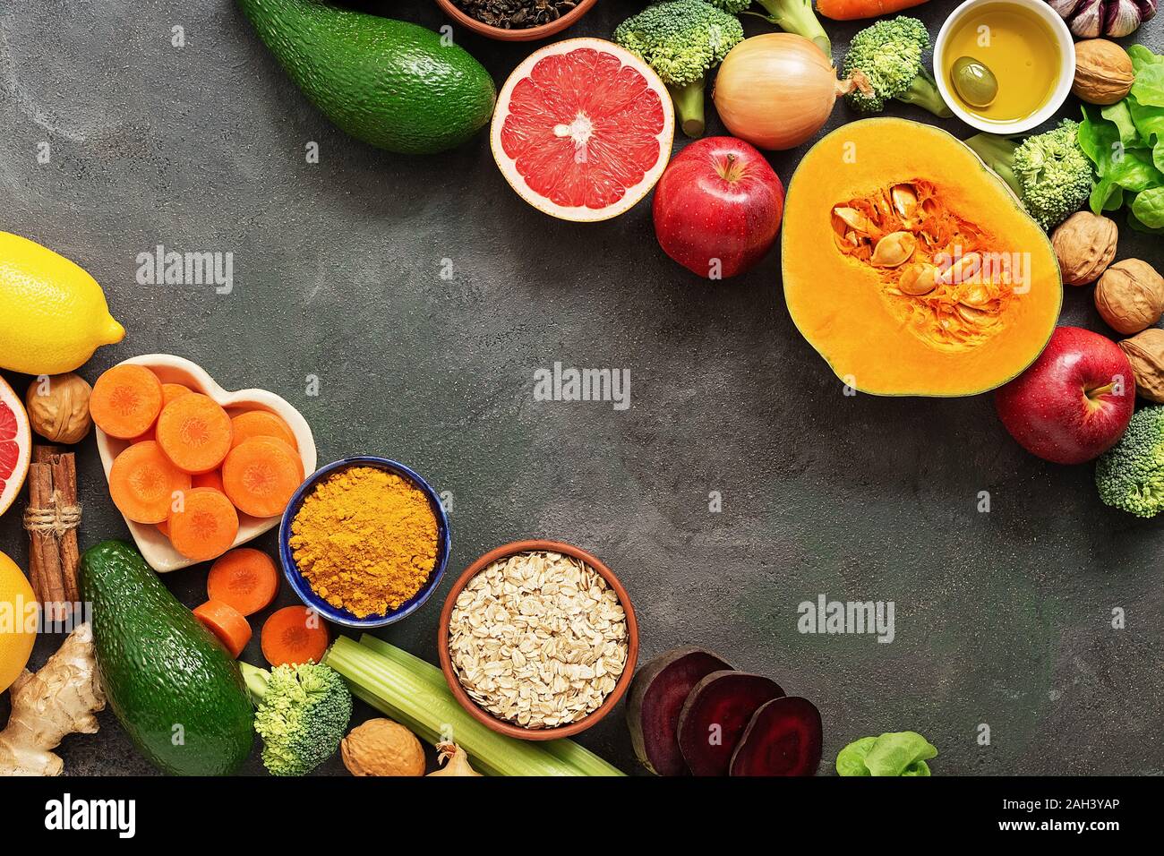 Liver detox diet food concept, fruits, vegetables, nuts, olive oil