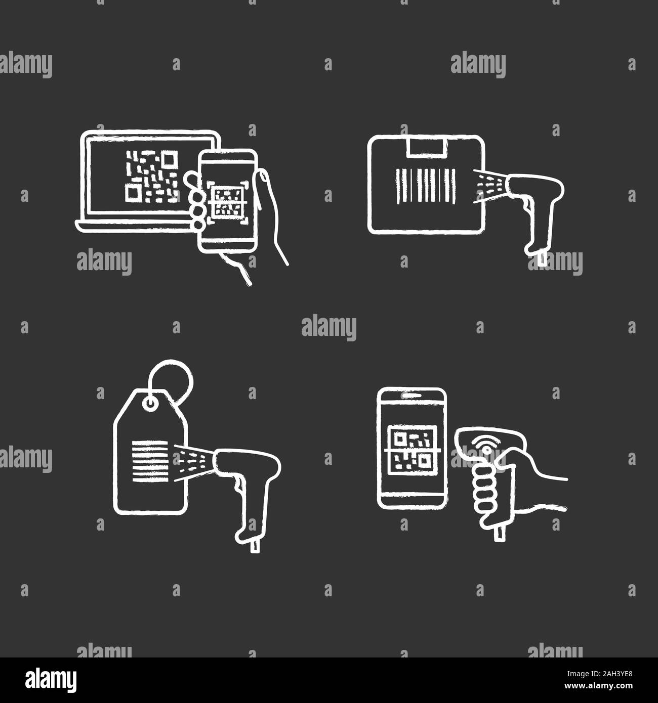 Barcodes chalk icons set. Smartphone bar code scanning, delivery