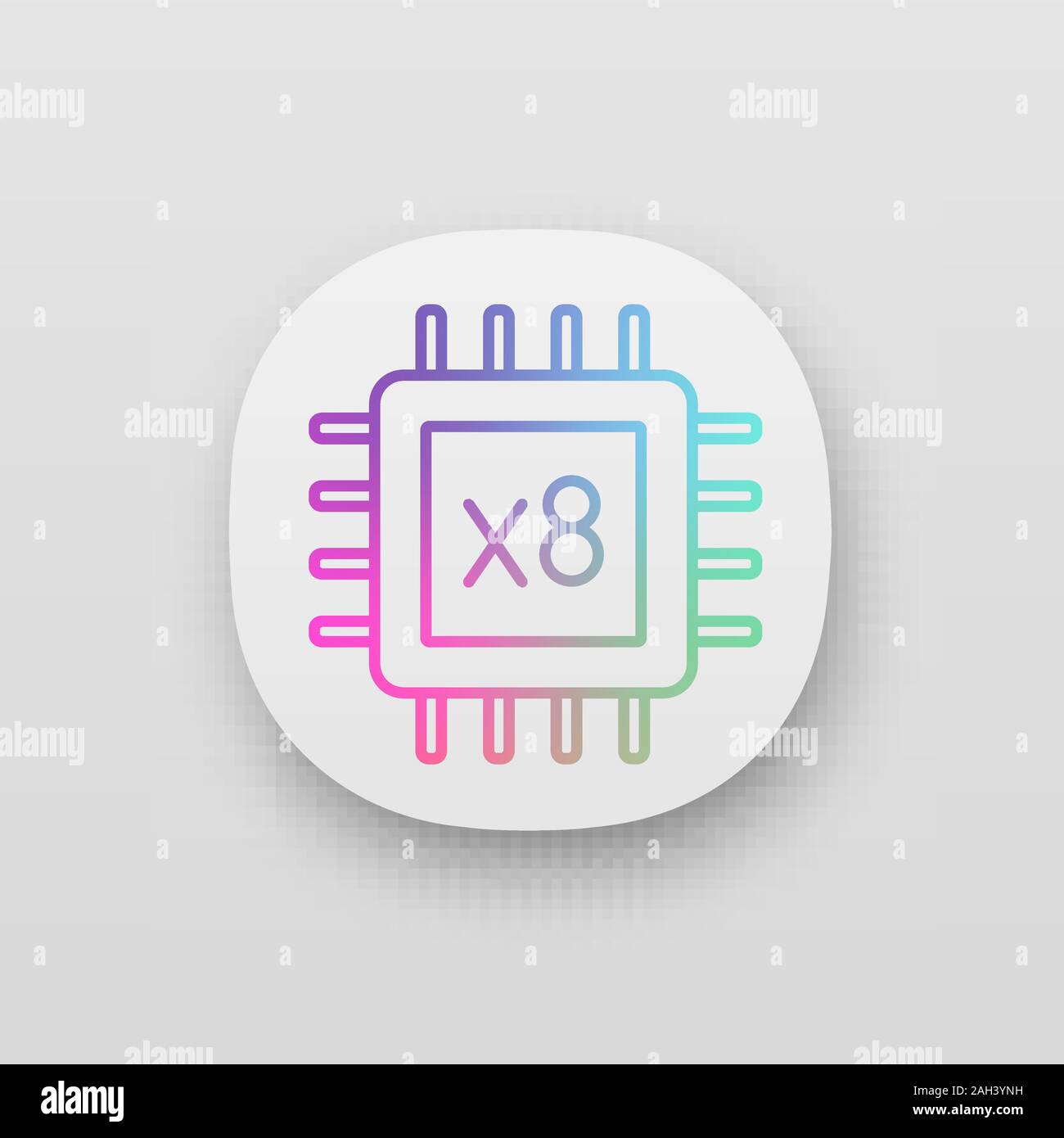 Octa core processor app icon. Eight core microprocessor. Microchip, chipset. CPU. Central processing unit. Multi-core processor. Integrated circuit. U Stock Vector