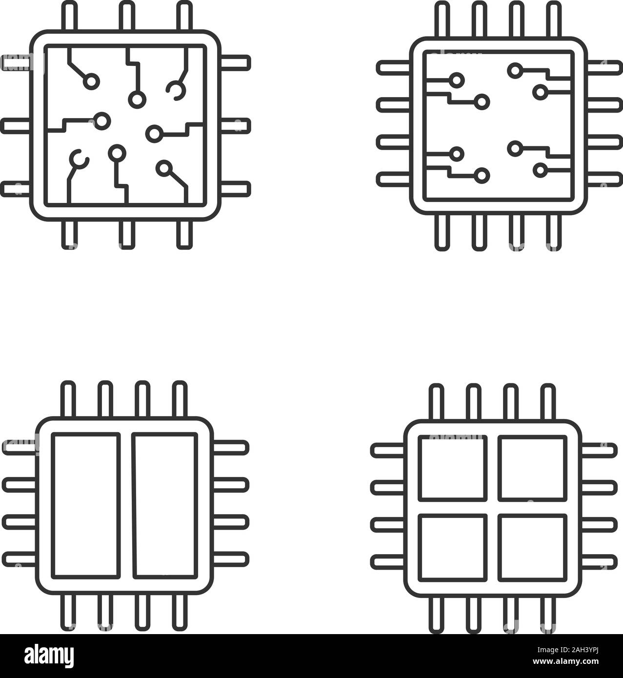 Processors linear icons set. Chip, microprocessor, integrated unit, dual and quad core processors. Thin line contour symbols. Isolated vector outline Stock Vector