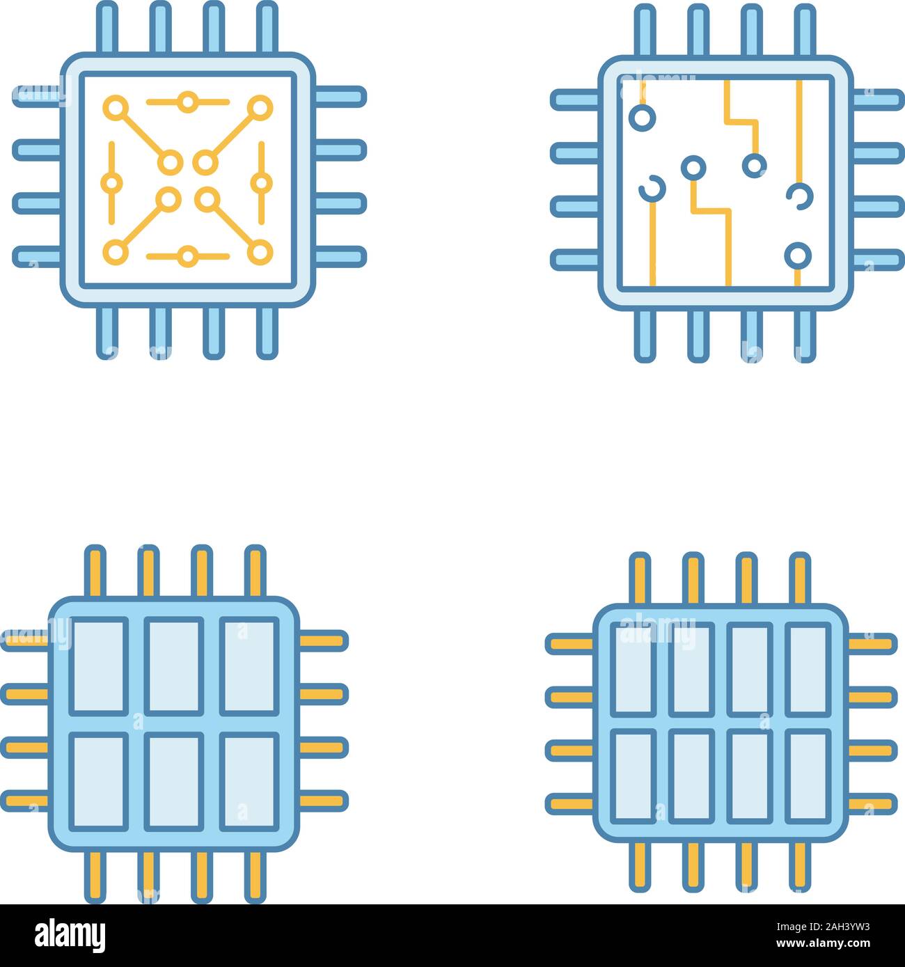 Processors color icons set. Chip, microprocessor, integrated unit, six and octa core processors. Isolated vector illustrations Stock Vector