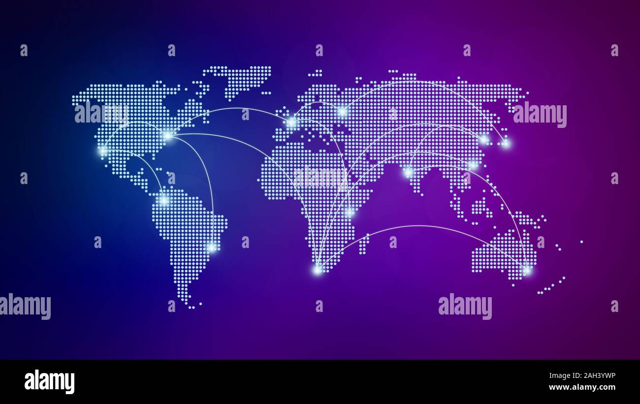 Dotted world map with curving lines or flight paths connecting cities. Blurred dark blue and purple background. Global communications, globalization. Stock Photo