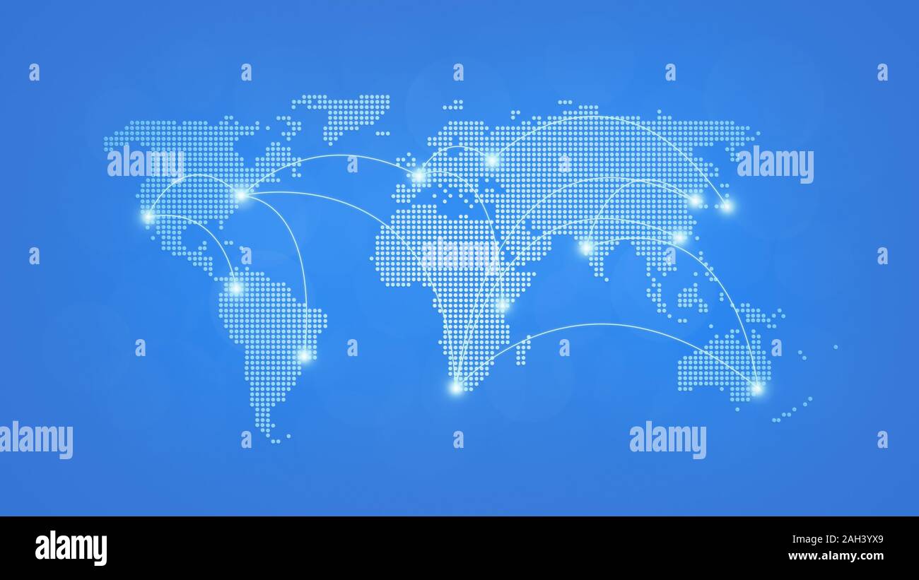 Dotted world map with flight paths connecting highlighted cities. Light blue background in 4k resolution. Concept photo of traveling and globalization Stock Photo