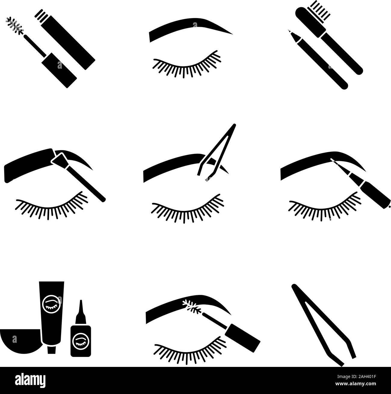 Eyebrows shaping glyph icons set. Dye kit, arched brows, tweezer, microblading, mascara, eyebrow tinting and contouring with pencil and brush. Silhoue Stock Vector
