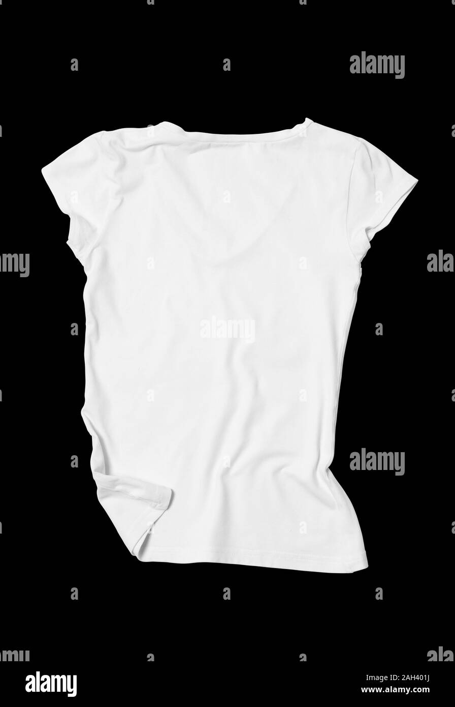 Blank white women's t-shirt on black cut background. Mock-up. Stock Photo