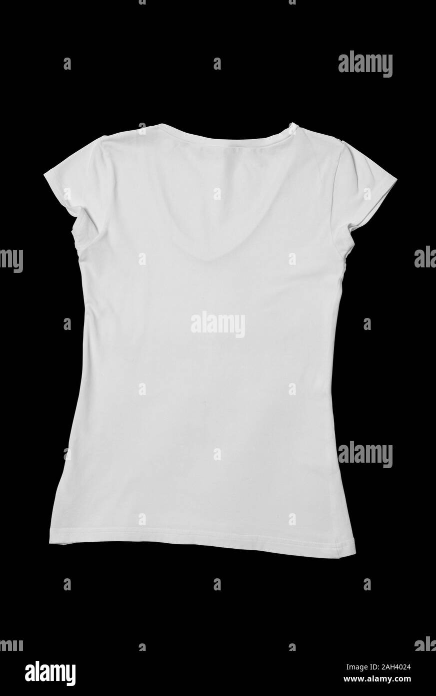 Blank white women's t-shirt on black cut background. Mock-up. Stock Photo