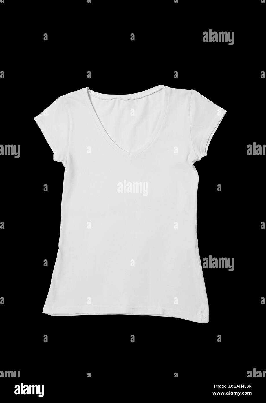 Blank white women's t-shirt on black cut background. Mock-up. Stock Photo