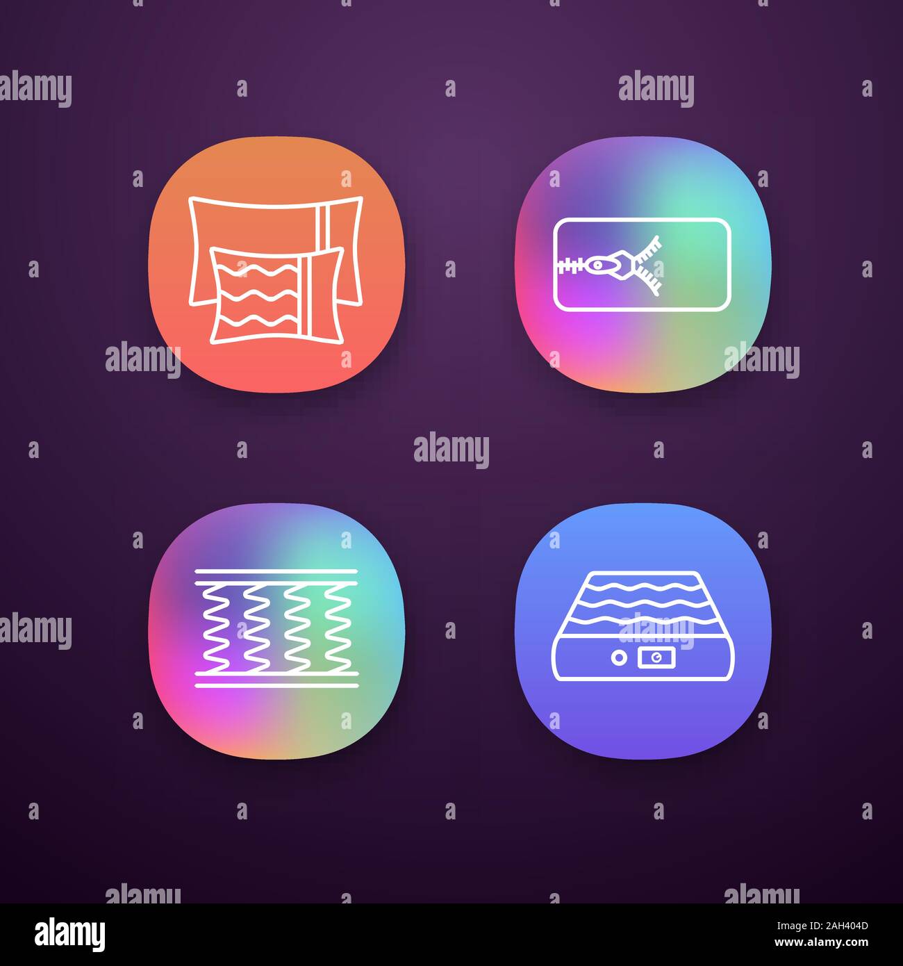 Orthopedic mattress app icons set. Pillows, removable cover, spring and air mattresses. UI/UX user interface. Web or mobile applications. Vector isola Stock Vector