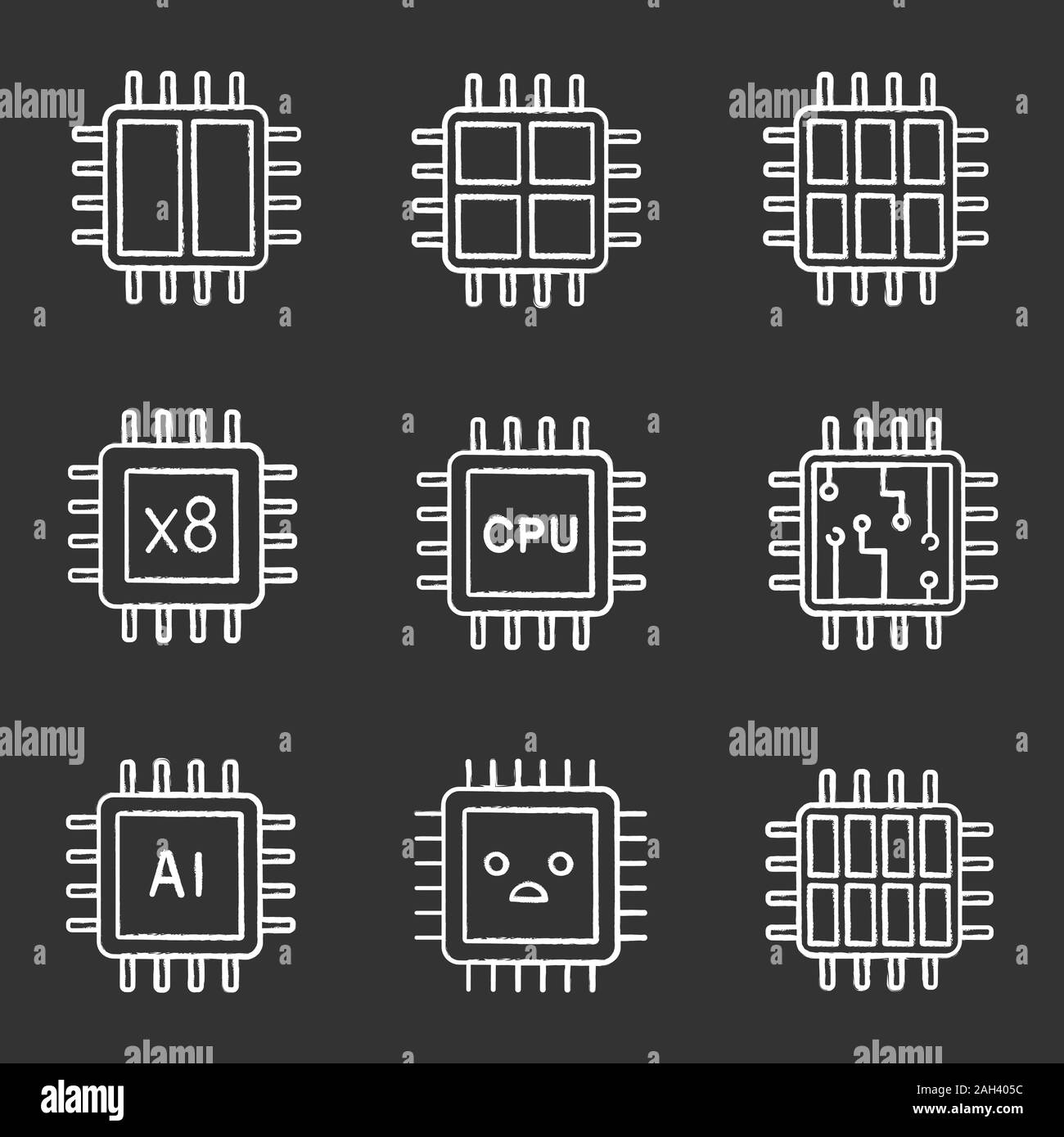 Processors chalk icons set. Dual, octa, quad, six core chips, CPU, sad processor, integrated circuit, AI microprocessor. Isolated vector chalkboard il Stock Vector