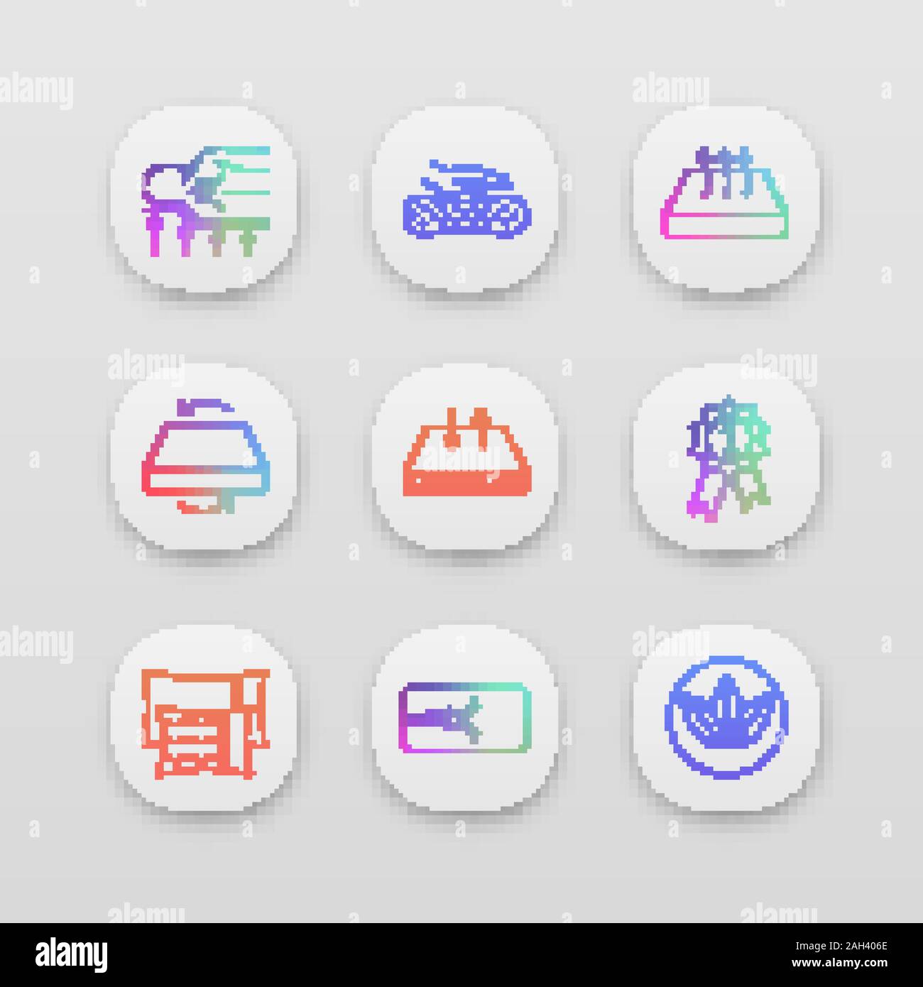 Mattress app icons set. UI/UX user interface. Orthopedic, latex, breathable, dual season, ecological mattress with removable cover, pillows and award Stock Vector