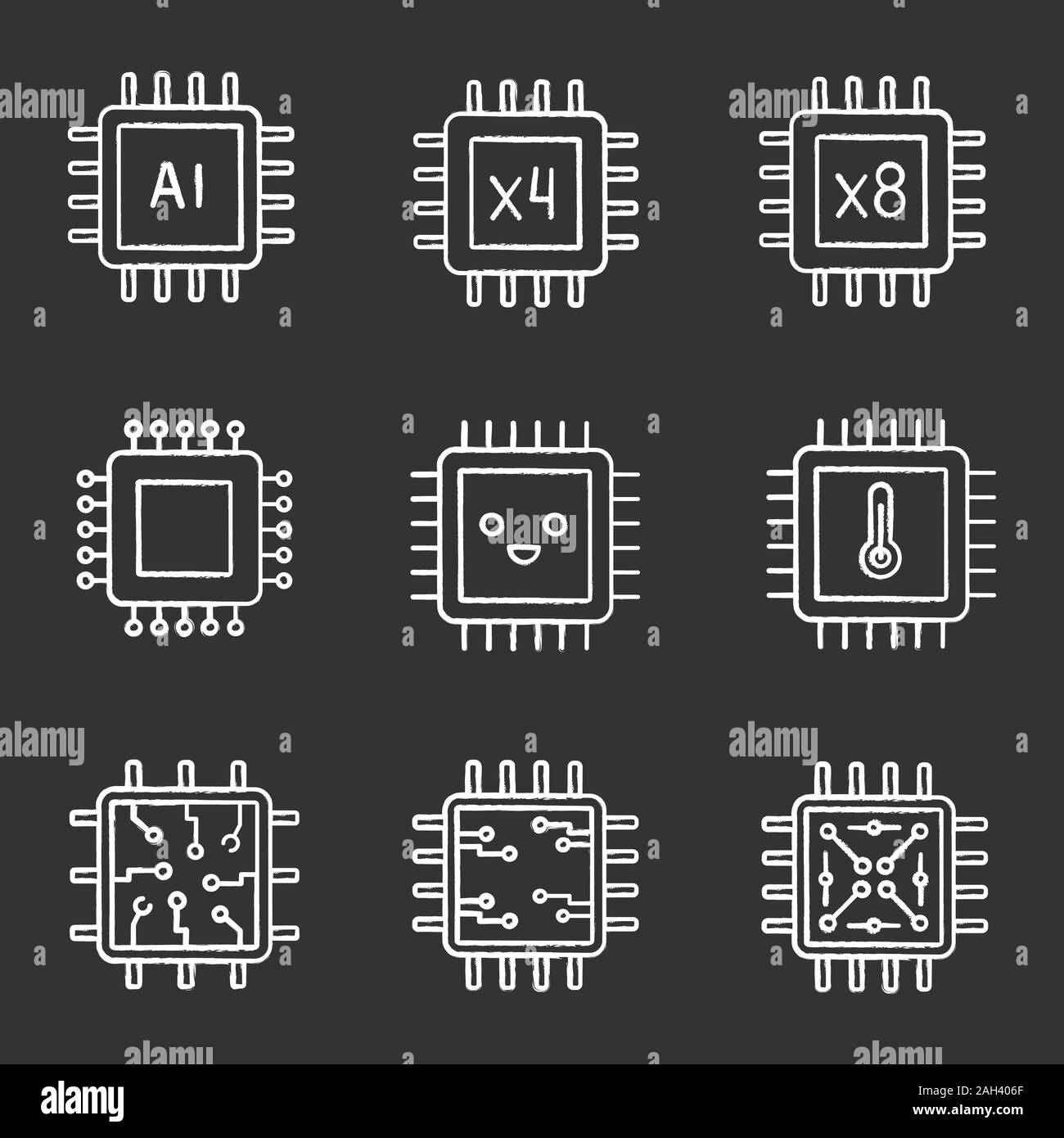 Processors chalk icons set. AI chip, quad, octa core processors, integrated circuit, microprocessor temperature, smiling chip. Isolated vector chalkbo Stock Vector