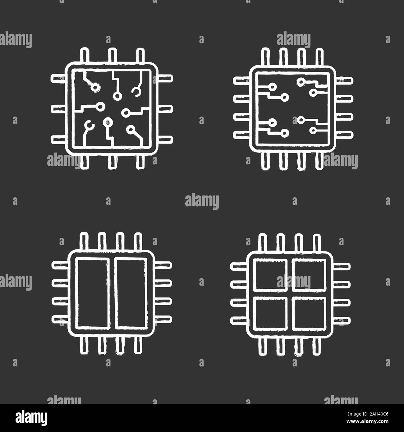 Processors chalk icons set. Chip, microprocessor, integrated unit, dual and quad core processors. Isolated vector chalkboard illustrations Stock Vector
