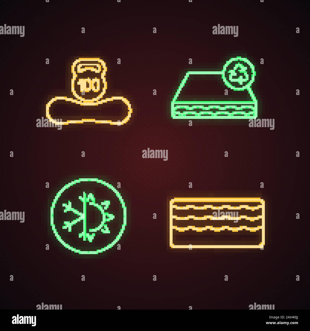Orthopedic mattress neon light icons set. Dual season, recyclable