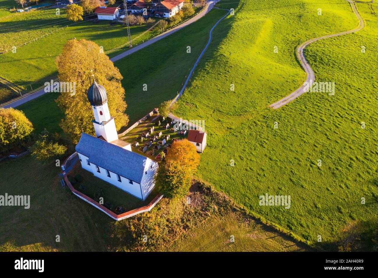 Germany, Upper Bavaria, Bavaria, Toelzer Land, Oberbuchen, Aerial view of church of the Visitation of the Virgin Mary Stock Photo