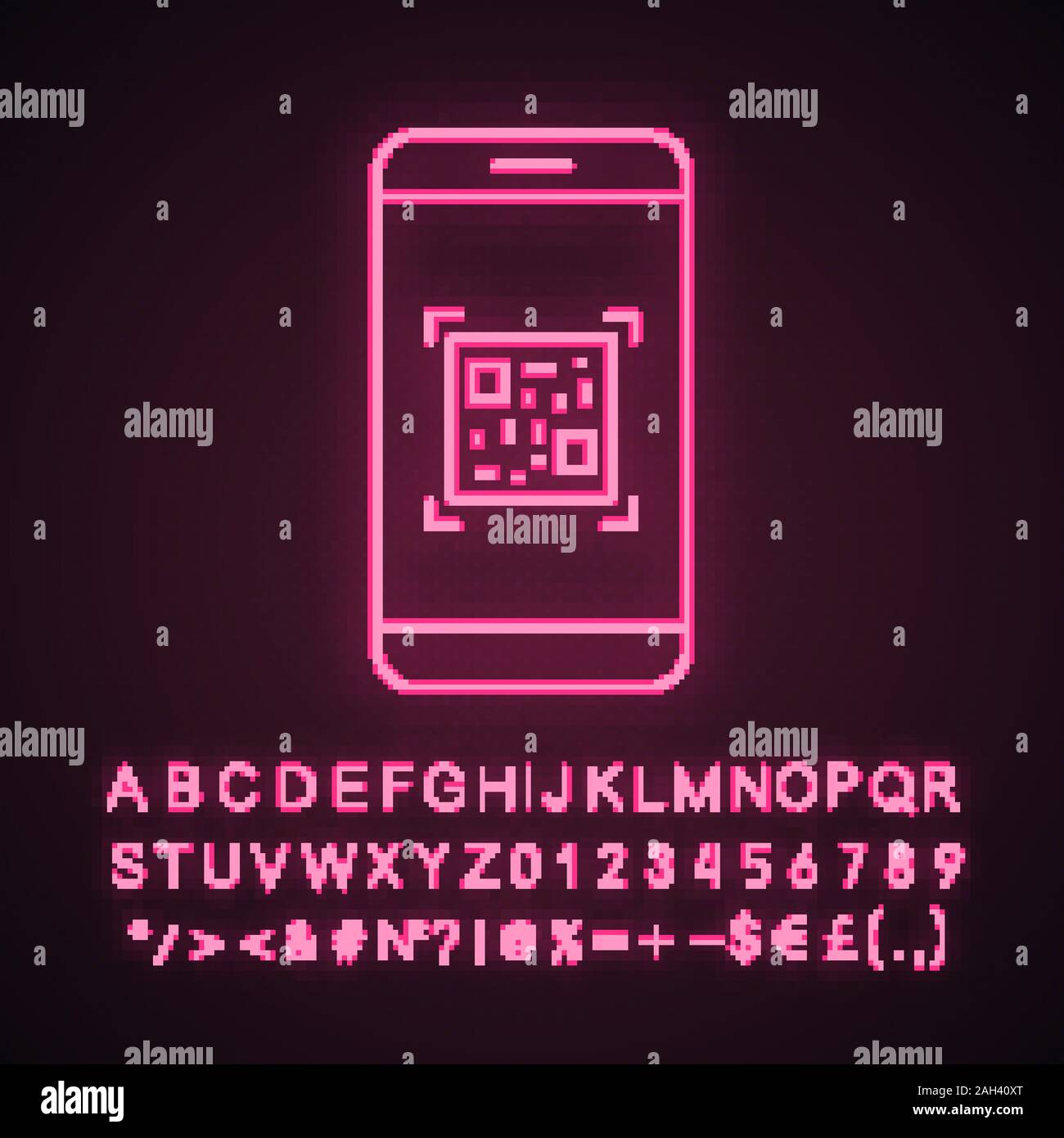 QR code scanning smartphone app neon light icon. Matrix barcode scanner