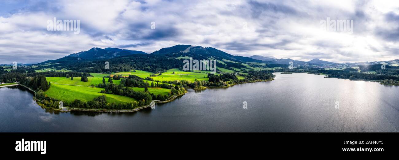 Germany, Bavaria, Aerial panorama of Gruntensee lake Stock Photo