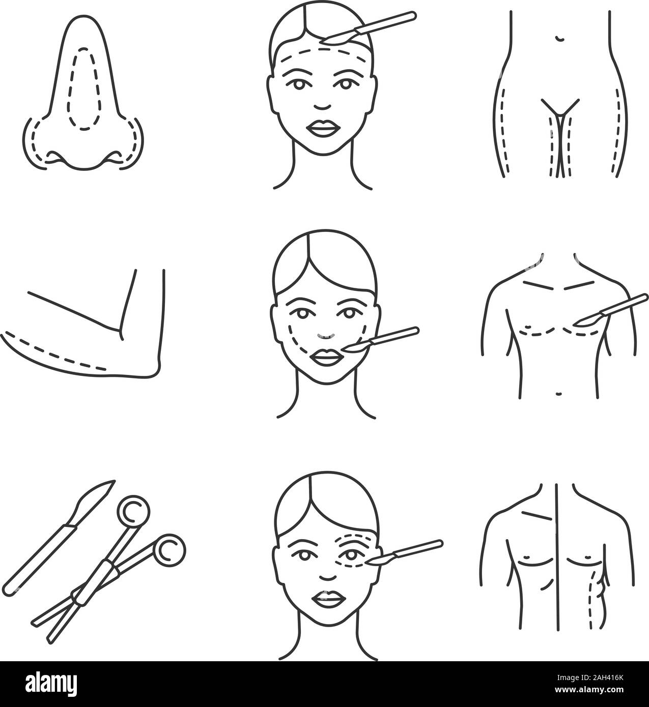Plastic surgery linear icons set. Rhinoplasty, facelift, arm lift