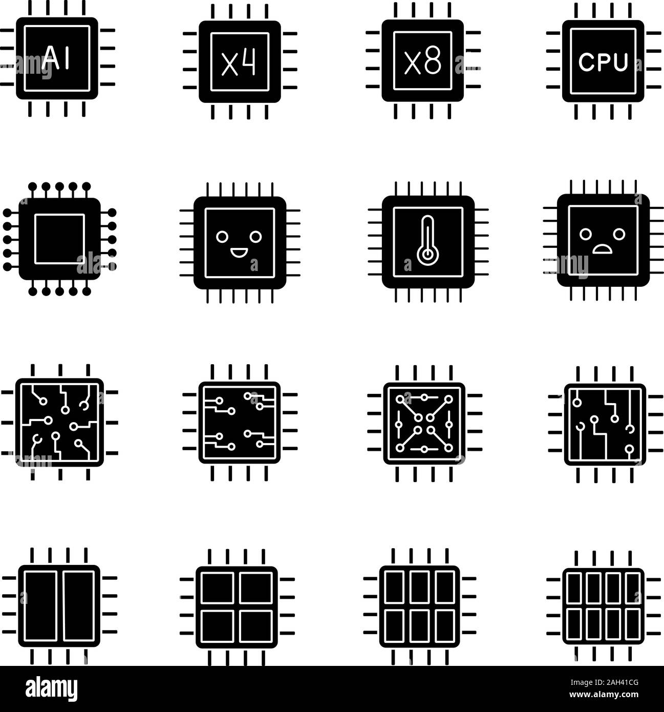 Processors glyph icons set. Multi-core processors. Chips, microchips, chipsets. CPU. Central processing units. Integrated circuits. Silhouette symbols Stock Vector