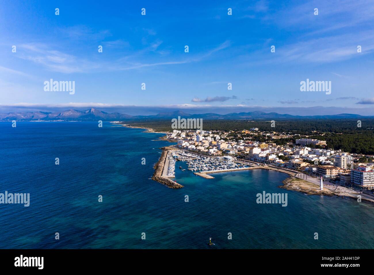 Spain, Mallorca, Aerial view of Can Picafort resort in summer Stock Photo