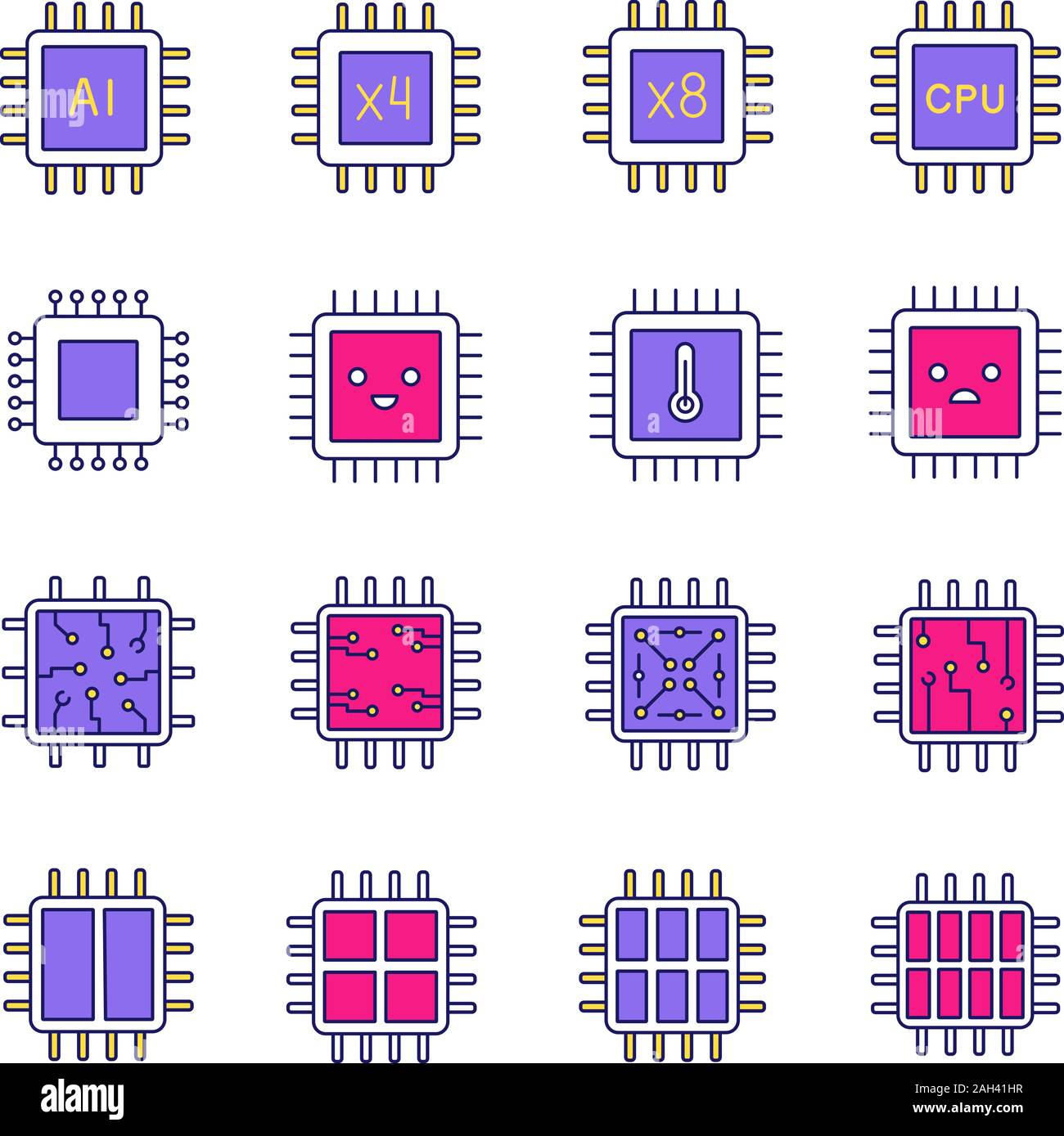 Processors color icon. Multi-core processors. Chips, microchips, chipsets. CPU. Central processing units. Integrated circuits. Isolated vector illustr Stock Vector