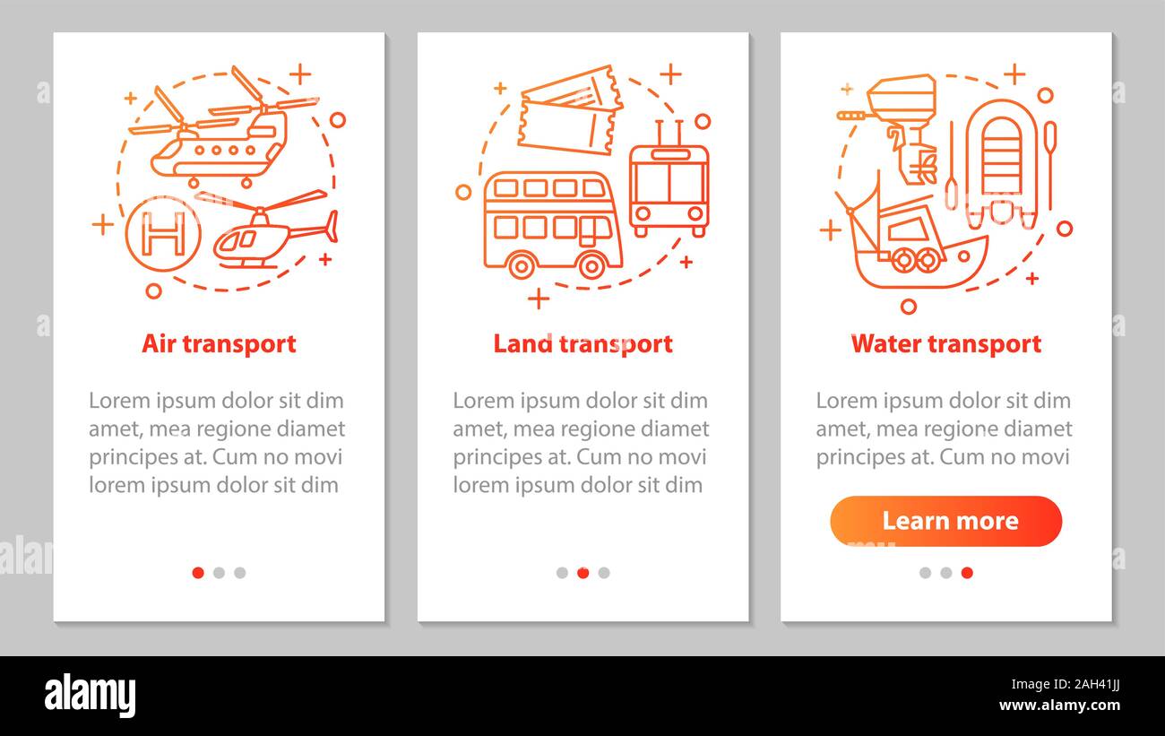 Modes of transports onboarding mobile app page screen with linear ...