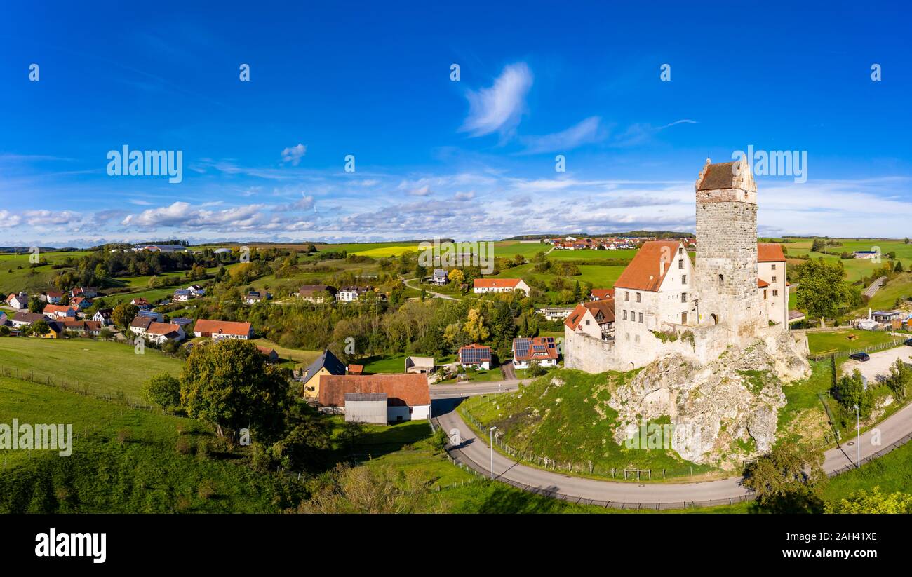 Germany, Baden-Wurttemberg, Dischingen, Katzenstein Castle and surrounding village houses Stock Photo