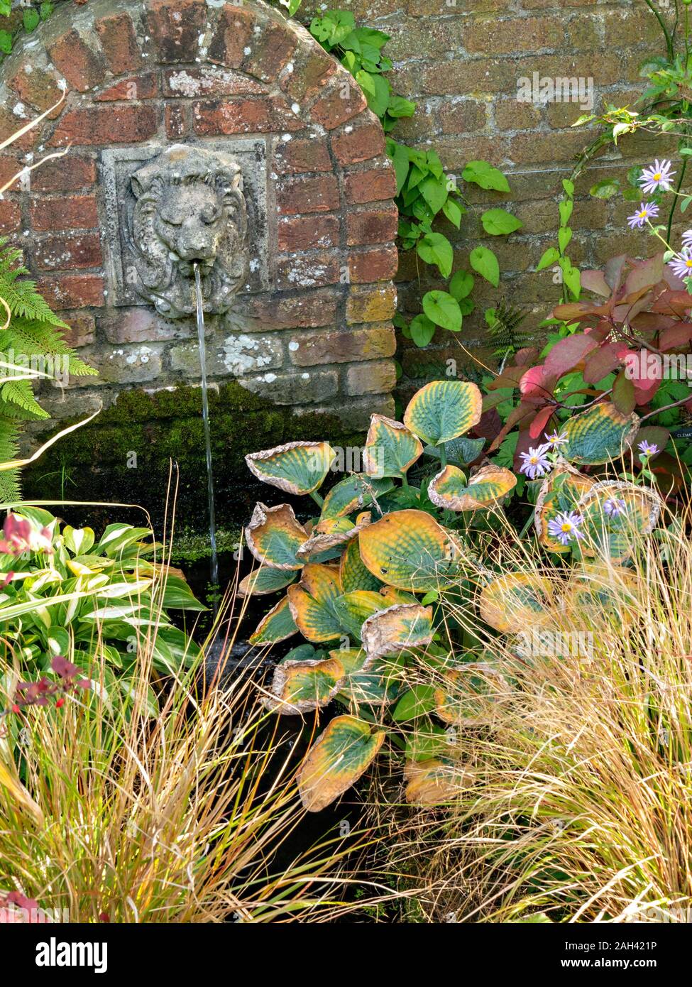 Small water feature with water spouting from stone lion's mouth in brick wall, Barnsdale Gardens, Rutland, England, UK Stock Photo