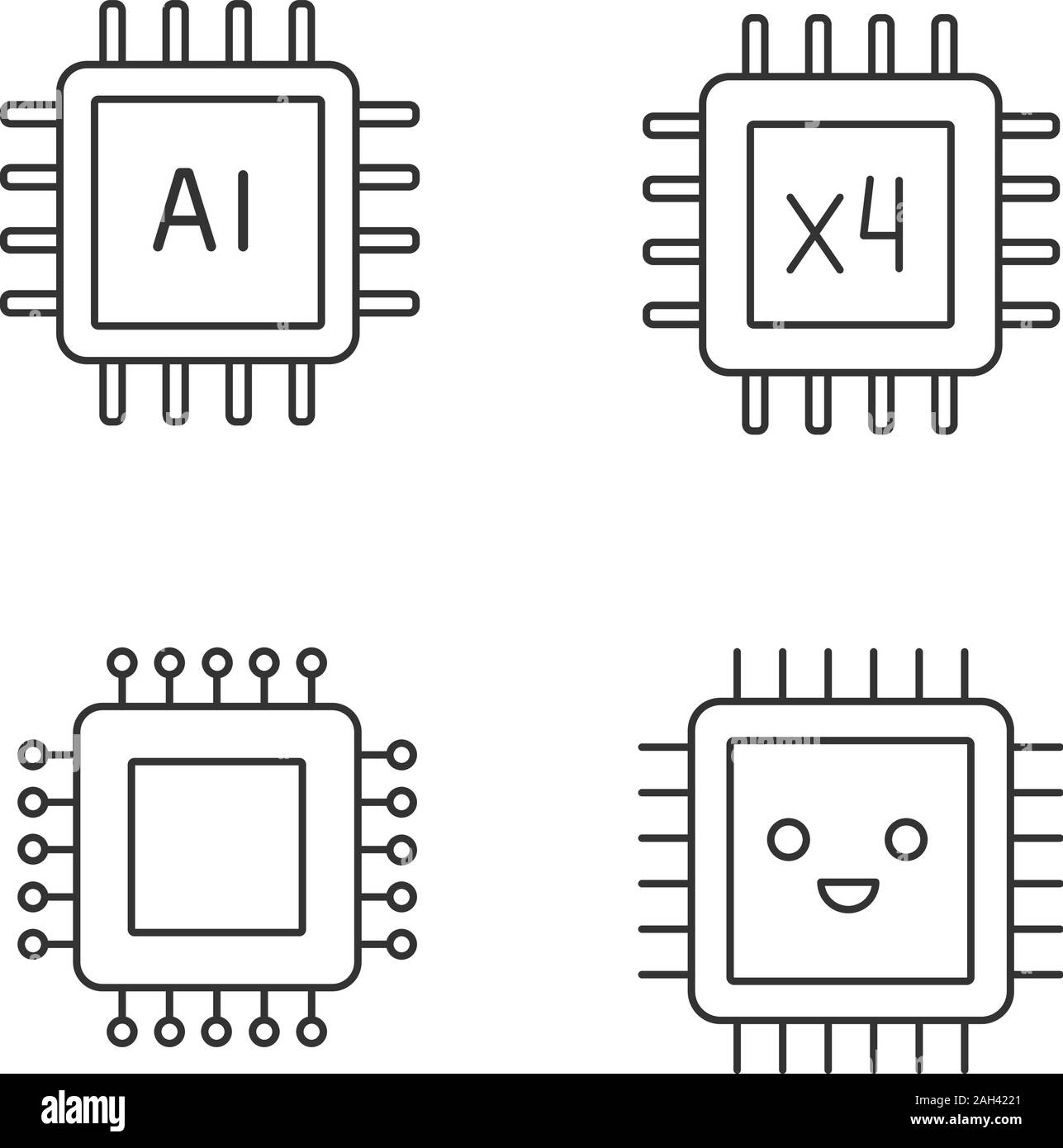 Processors linear icons set. Chip, integrated circuit for ai system, smiling microprocessor, quad core processor. Thin line contour symbols. Isolated Stock Vector