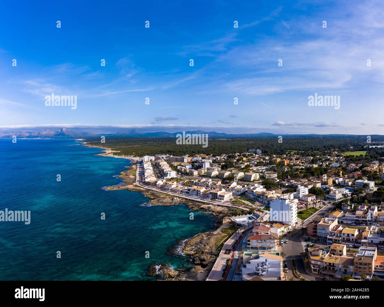 Spain, Mallorca, Aerial view of Can Picafort resort in summer Stock Photo