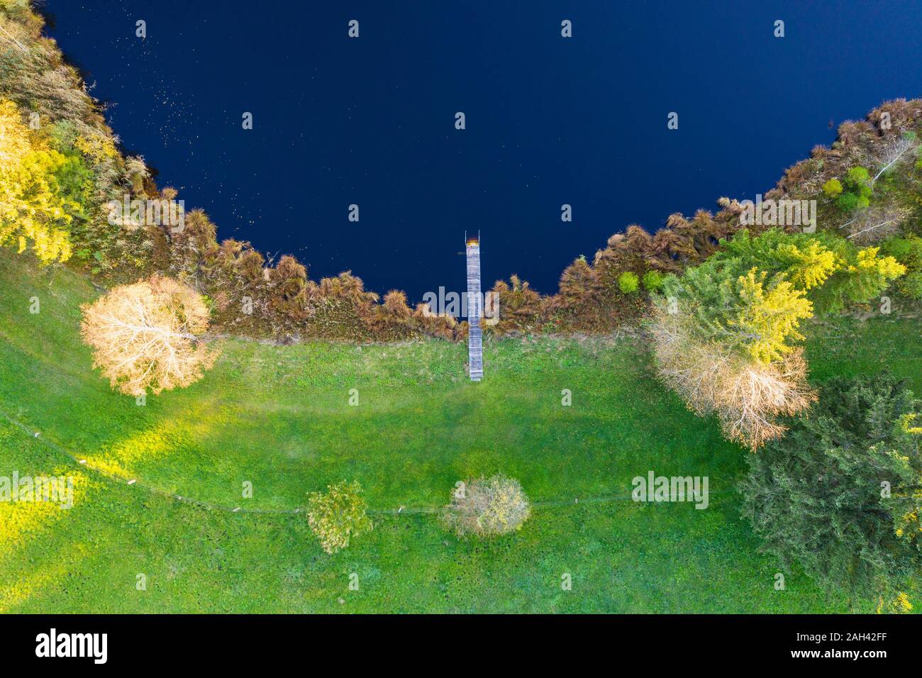 Germany, Bavaria, Upper Bavaria,Toelzer Land, Pier on Unterbuchener Weiher lake Stock Photo