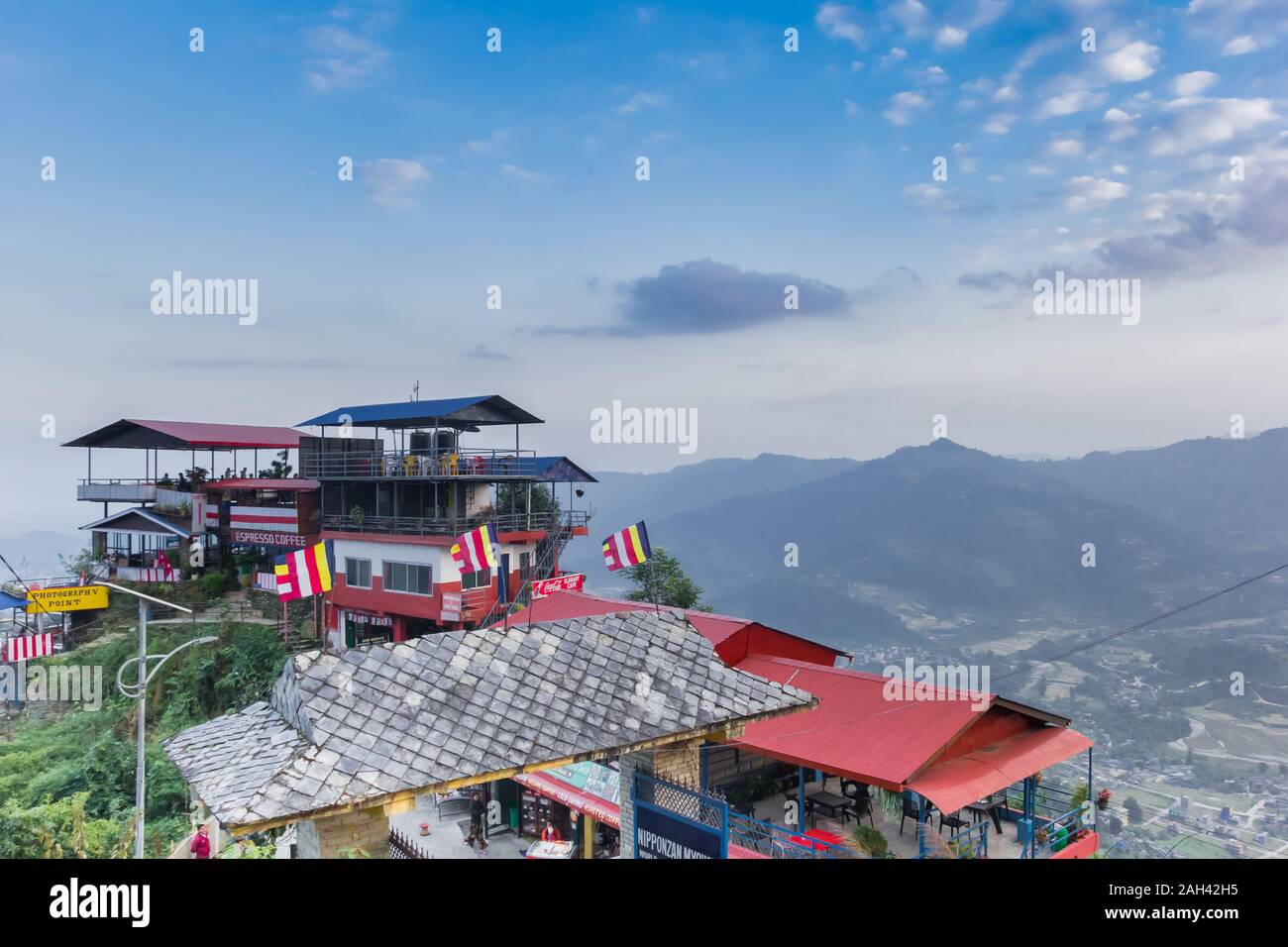 Restaurants on the hill near the Wordl Peace Pagoda in Pokhara, Nepal Stock Photo