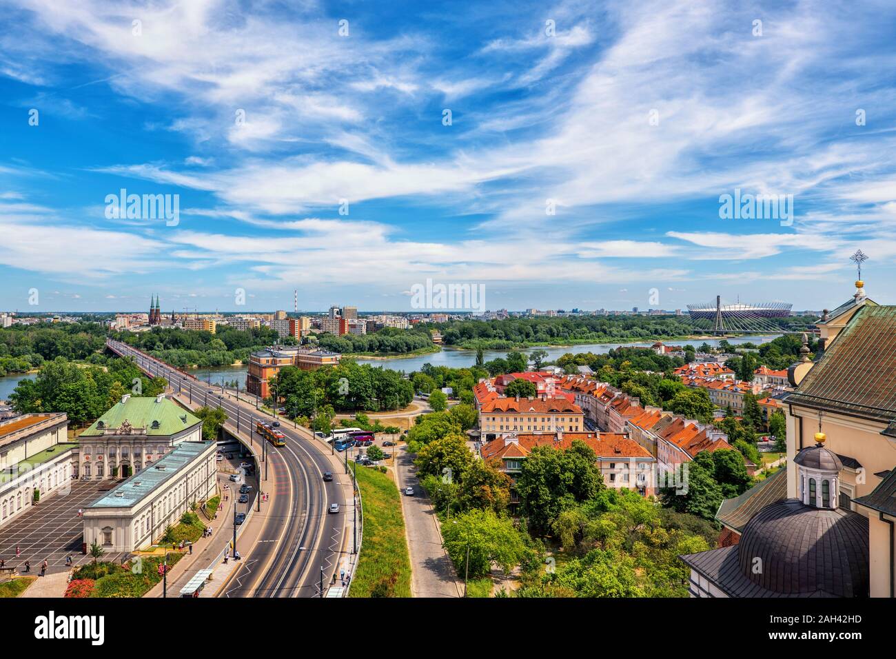 Poland, Masovian Voivodeship, Warsaw, Clouds over Solidarity Avenue street and Vistula river Stock Photo