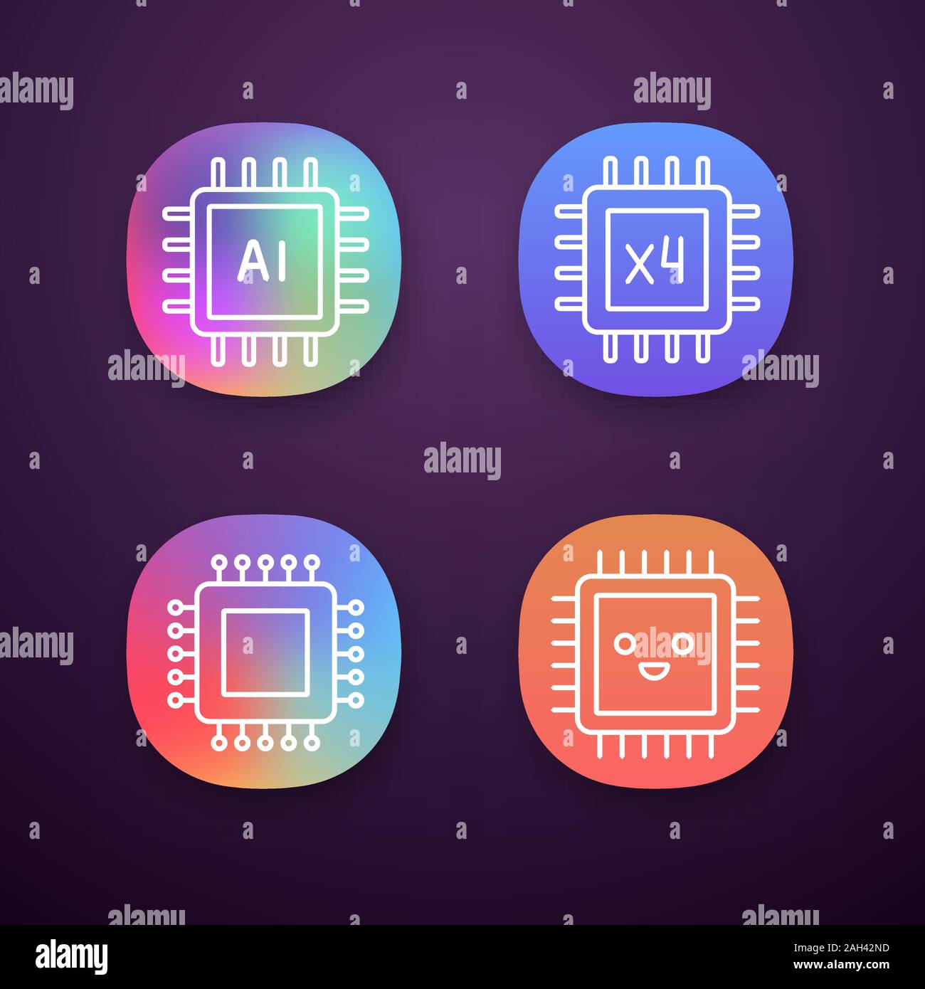 Processors app icons set. Chip, integrated circuit for ai system, smiling microprocessor, quad core processor. UI/UX user interface. Web or mobile app Stock Vector