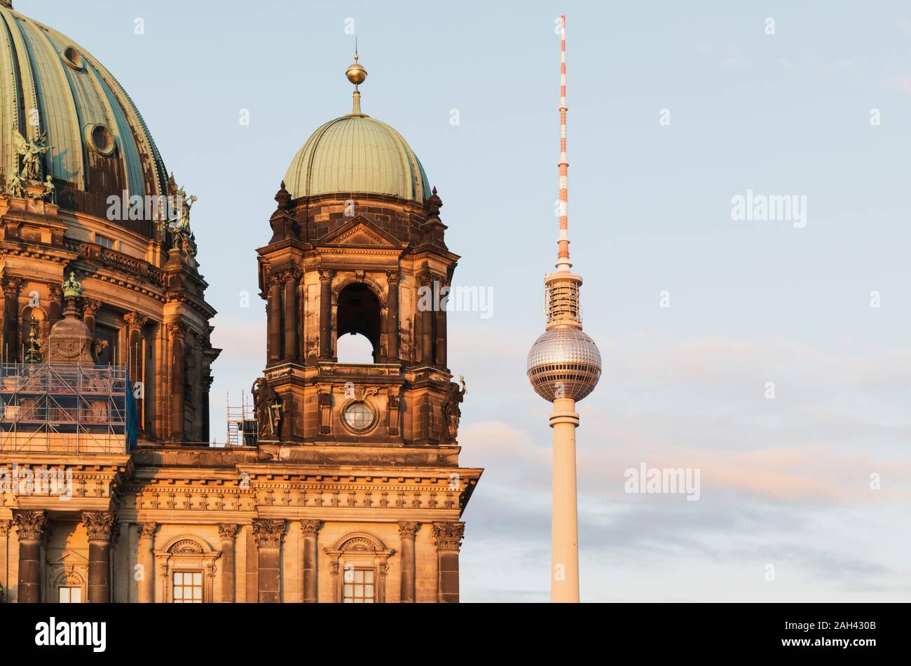 Germany, Berlin, Bell tower of Berlin Cathedral with Berlin TV Tower in background Stock Photo