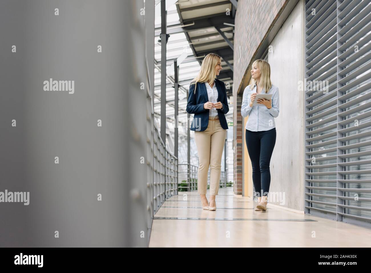 Two young businesswomen with tablet walking and talking in modern office building Stock Photo
