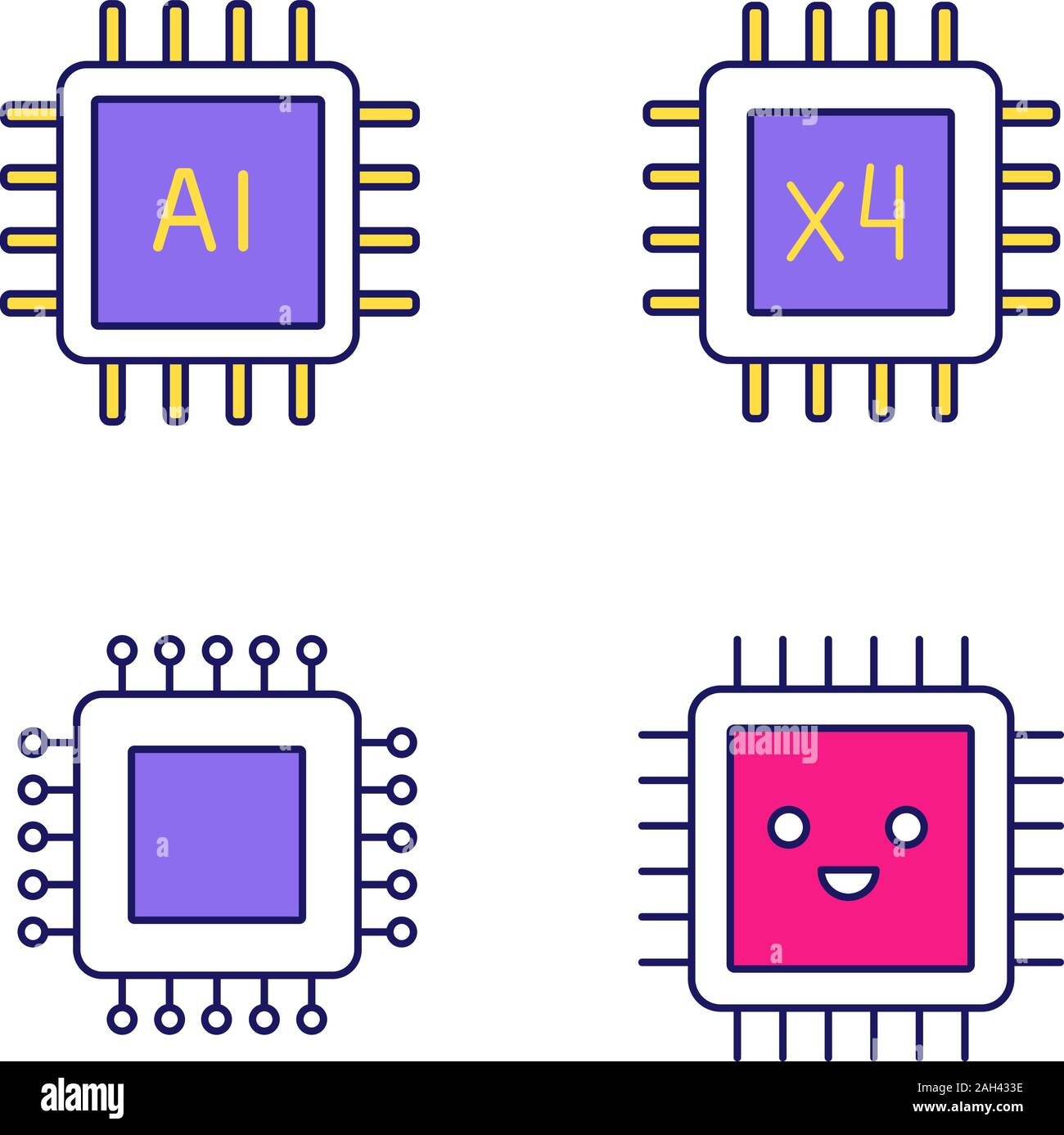 Processors color icon. Chip, integrated circuit for ai system, smiling microprocessor, quad core processor. Isolated vector illustration Stock Vector
