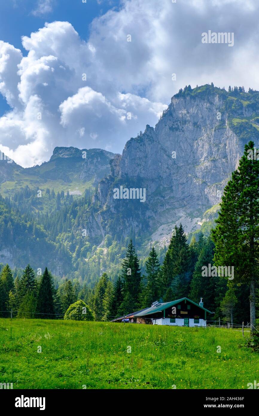 Germany, Bavaria, Arzbach, Scenic view of secluded Hintere Langentalalm cafe with Benediktenwand ridge in background Stock Photo
