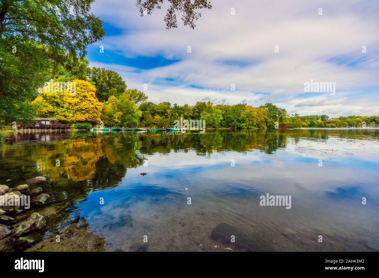 Germany, North Rhine-Westphalia, Dusseldorf, Unterbach, Landscape with lake Stock Photo