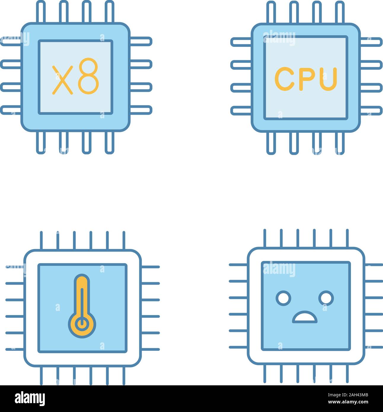 Processors color icons set. Octa core, CPU processors, microprocessor temperature, sad chip. Isolated vector illustrations Stock Vector