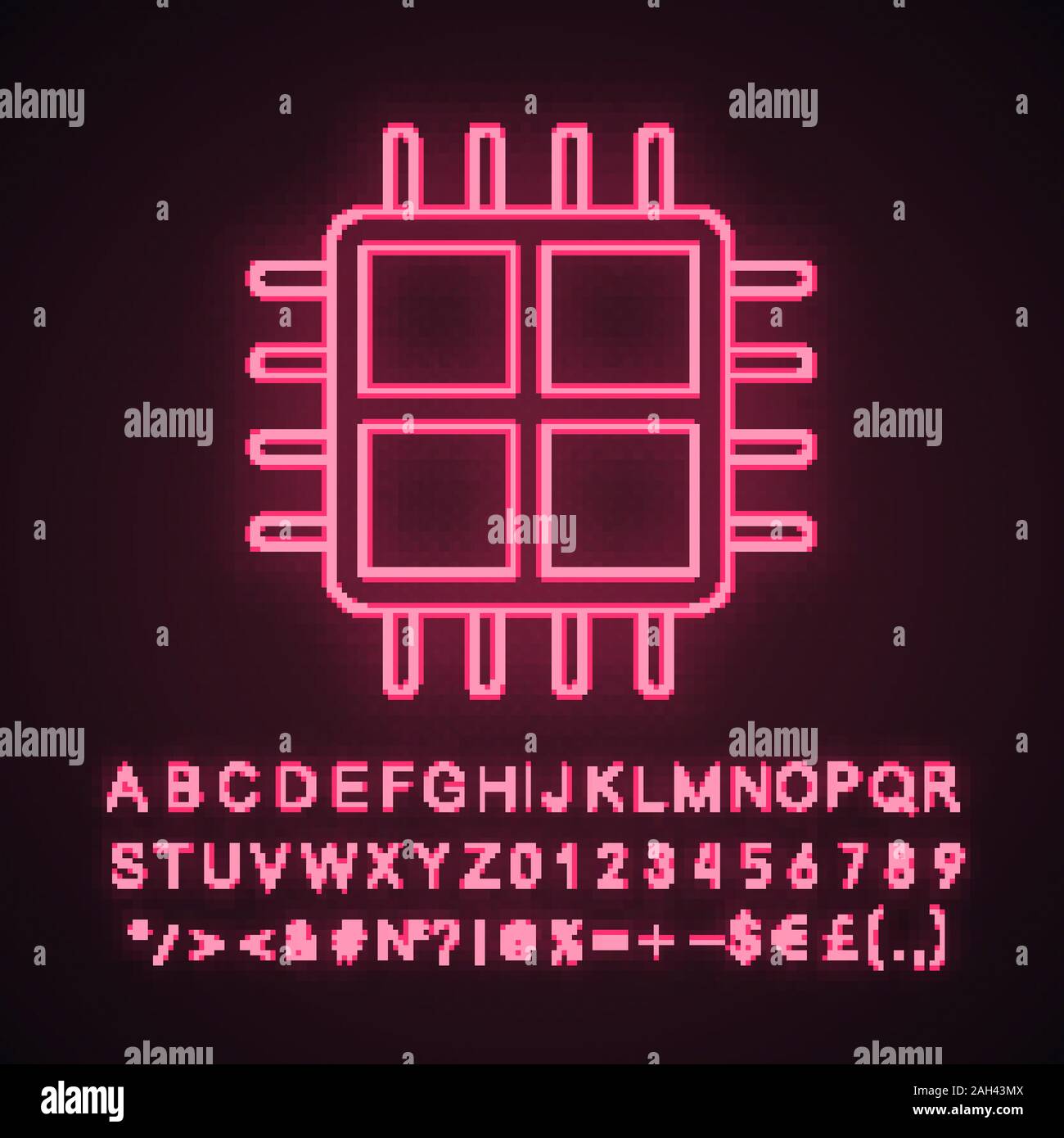 Quad core processor neon light icon. Four core microprocessor. Microchip, chipset. CPU. Multi-core processor. Integrated circuit. Glowing sign with al Stock Vector