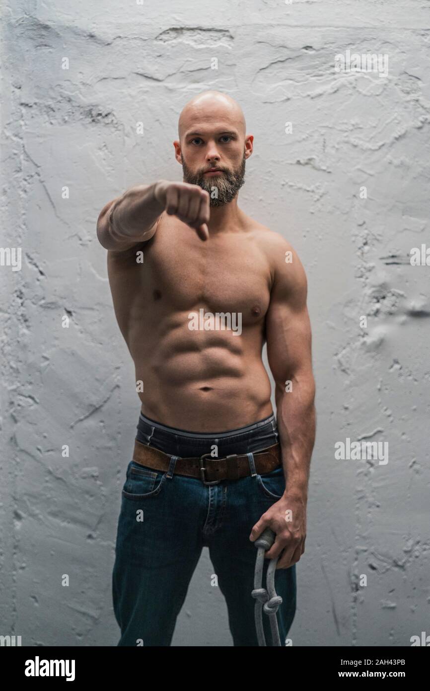 Portrait of a barechested athlete with rope Stock Photo