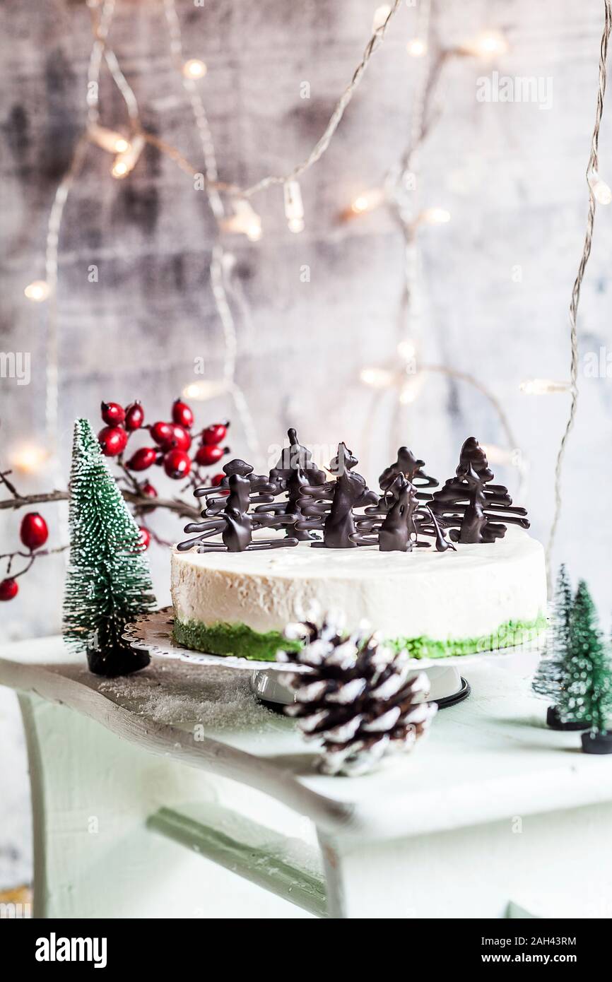 Christmas cheesecake decorated with chocolate trees Stock Photo