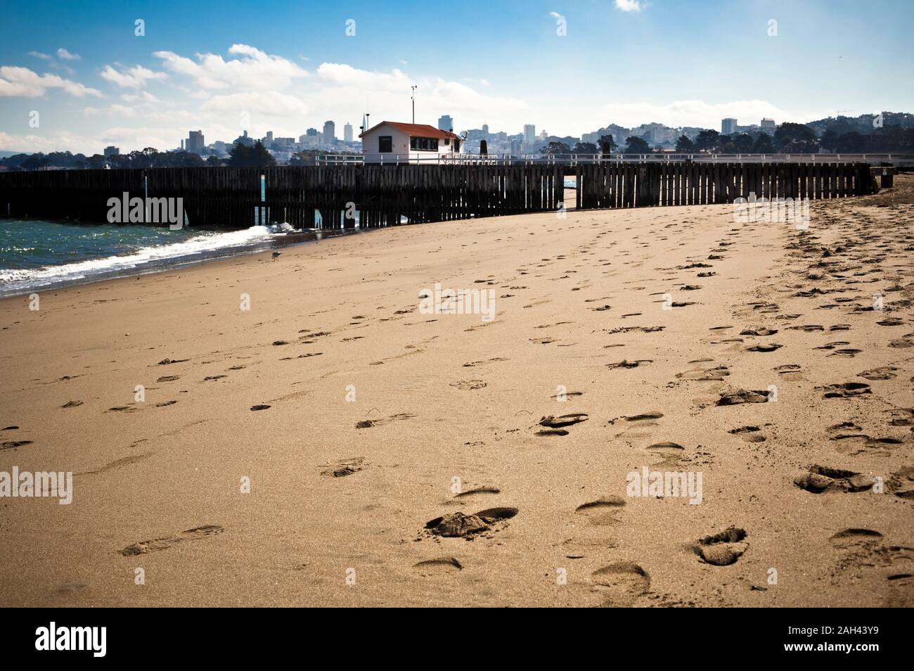USA, California, San Francisco, Footprints on sandy coastal beach Stock Photo