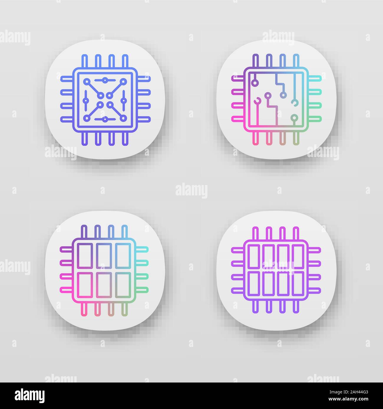 Processors app icons set. UI/UX user interface. Chip, microprocessor, integrated unit, six and octa core processors. Web or mobile applications. Vecto Stock Vector